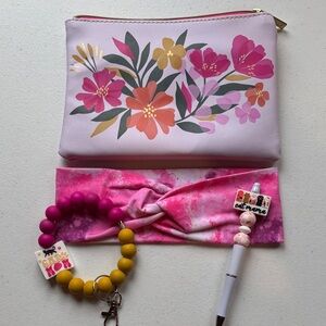 Floral Cosmetic Bag with Pink Headband and Accessories